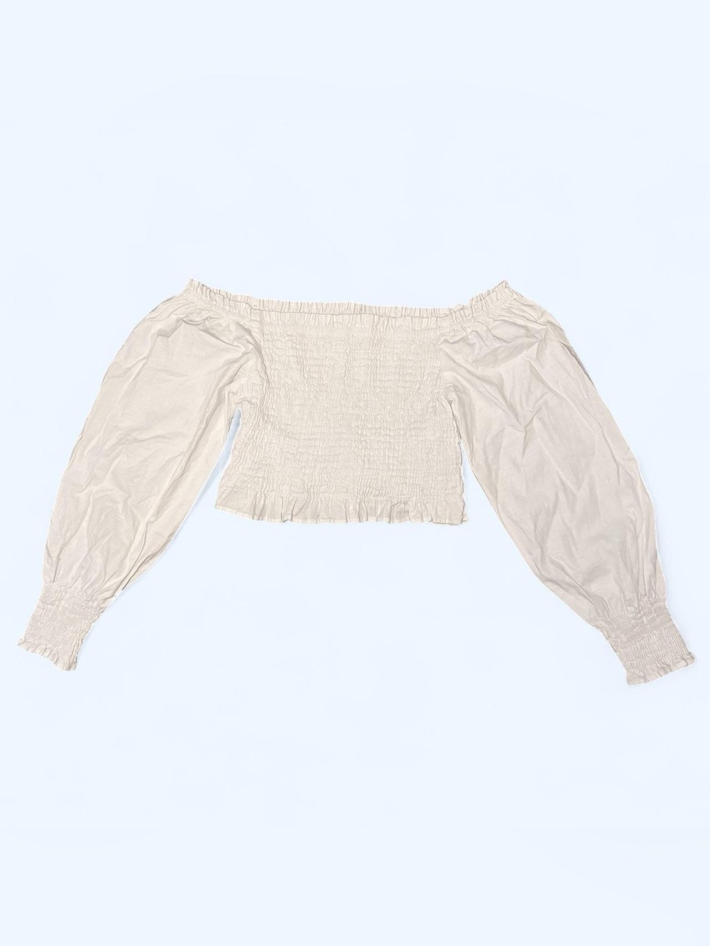 Zara Linen Off-Shoulder Long Sleeve Smocked Crop Top